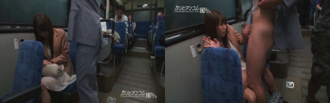 バス車中、居眠りしている女性の前でリーマンが突然センズリを始め、気付いた男性乗客達も女性（中出し）。